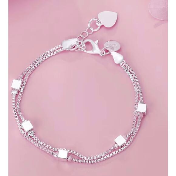 Women’s 925 Sterling Silver Double Snake Chain Bracelet w/ Cube Beads & Heart - Picture 3 of 5